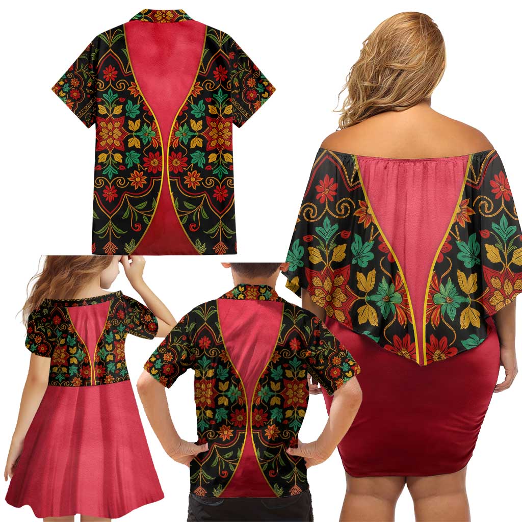 Azerbaijan Folk Floral Family Matching Off Shoulder Short Dress and Hawaiian Shirt with Traditional Carpet-Inspired Pattern