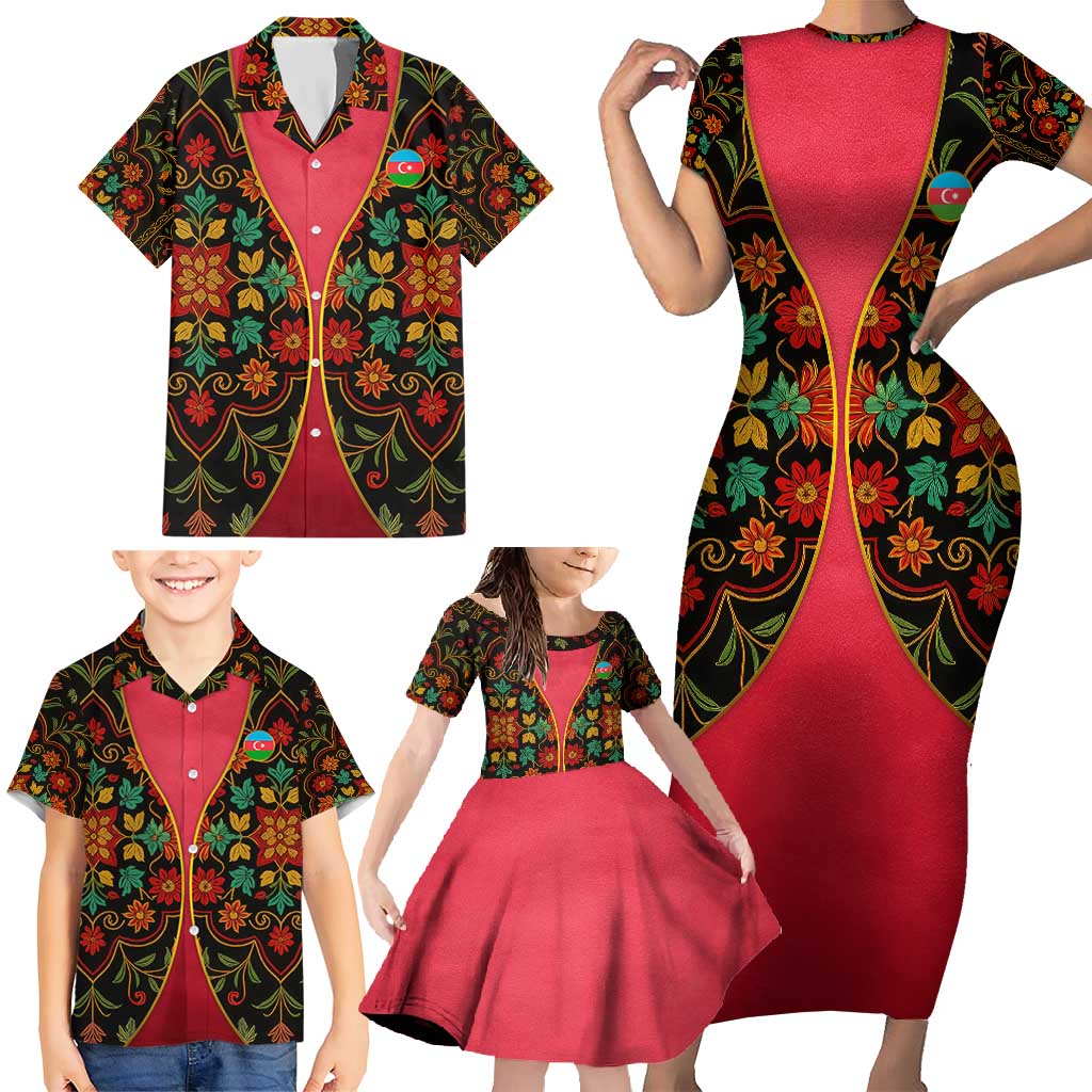 Azerbaijan Folk Floral Family Matching Short Sleeve Bodycon Dress and Hawaiian Shirt with Traditional Carpet-Inspired Pattern