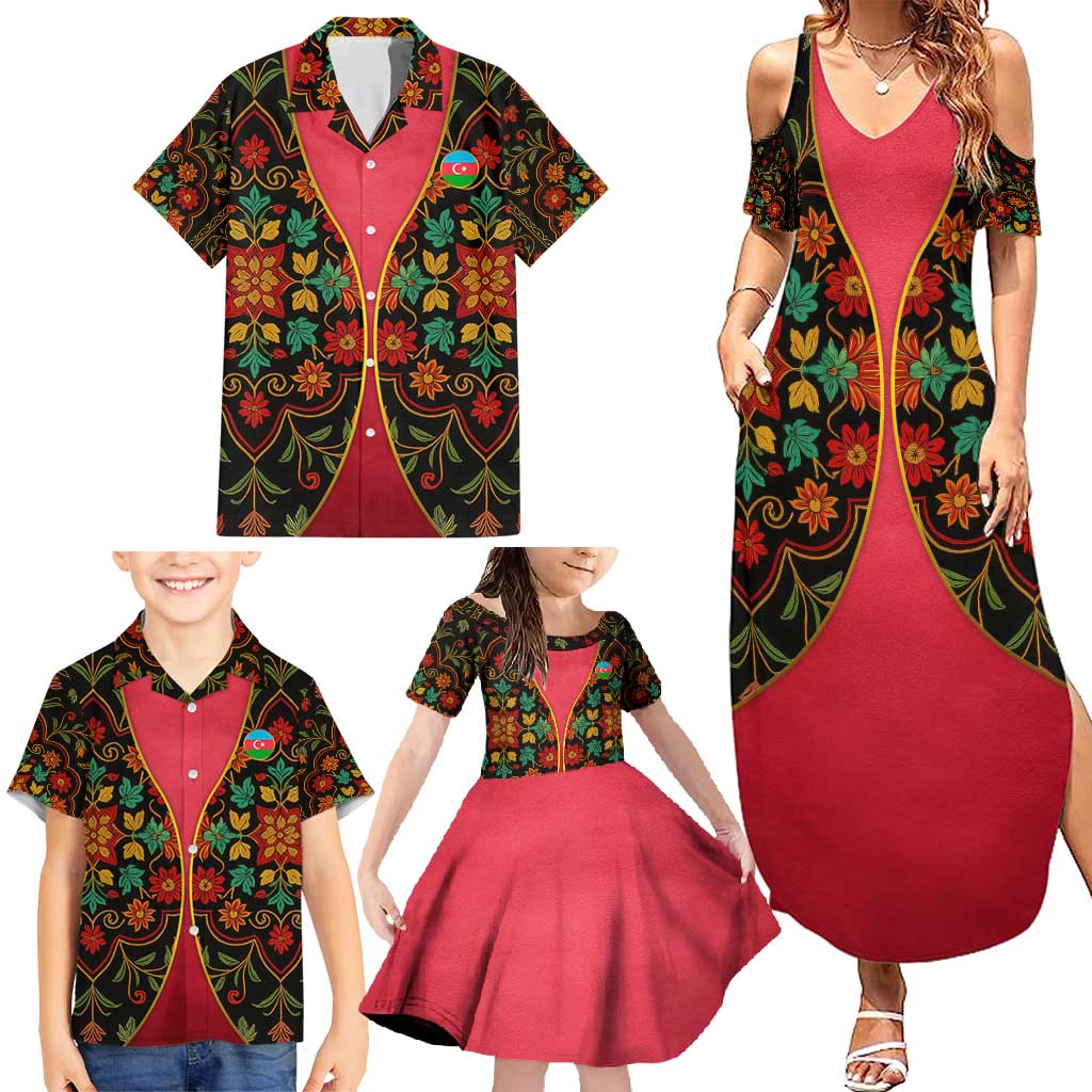 Azerbaijan Folk Floral Family Matching Summer Maxi Dress and Hawaiian Shirt with Traditional Carpet-Inspired Pattern