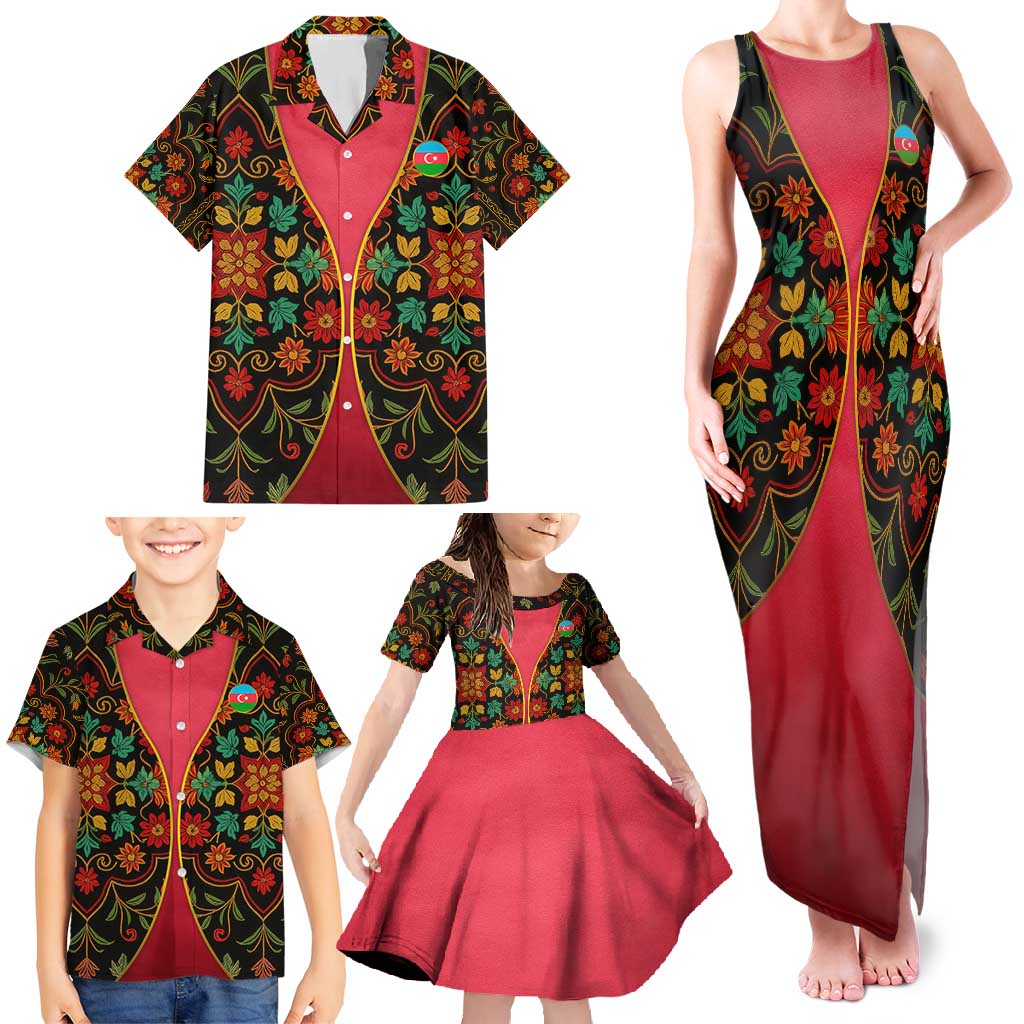 Azerbaijan Folk Floral Family Matching Tank Maxi Dress and Hawaiian Shirt with Traditional Carpet-Inspired Pattern