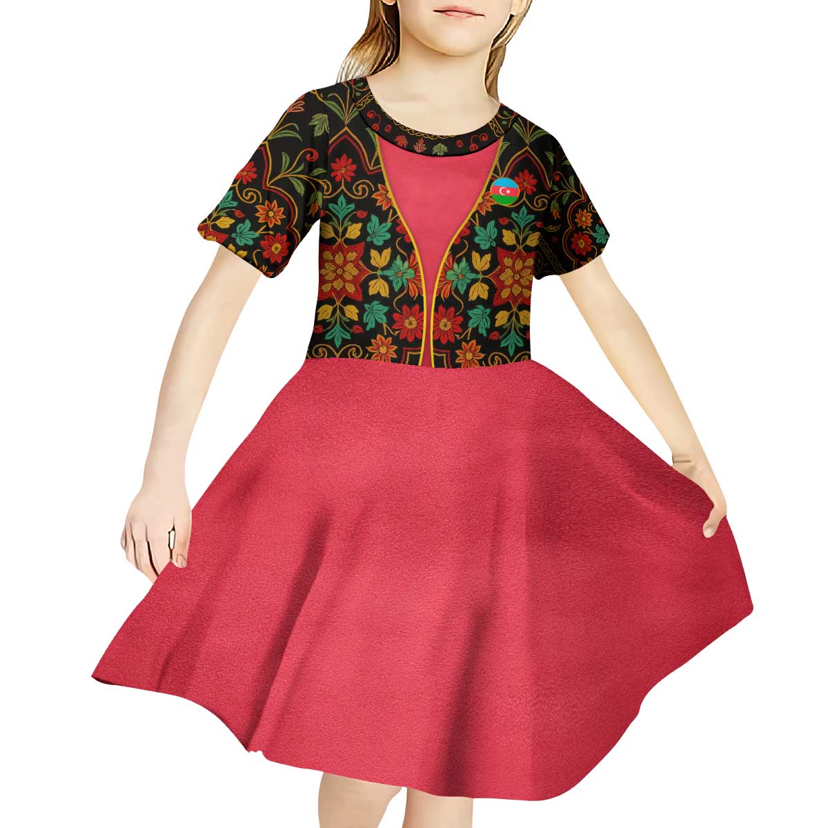 Azerbaijan Folk Floral Kid Short Sleeve Dress with Traditional Carpet-Inspired Pattern