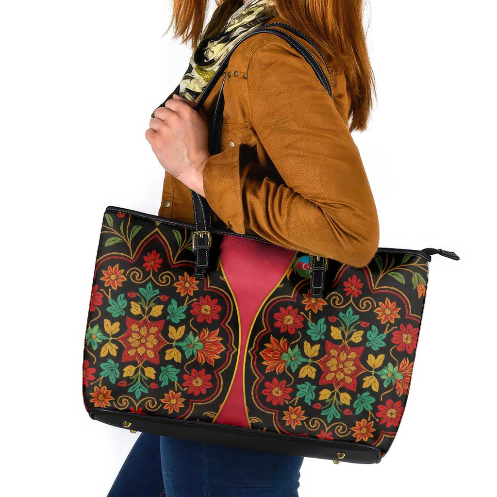 Azerbaijan Folk Floral Leather Tote Bag with Traditional Carpet-Inspired Pattern