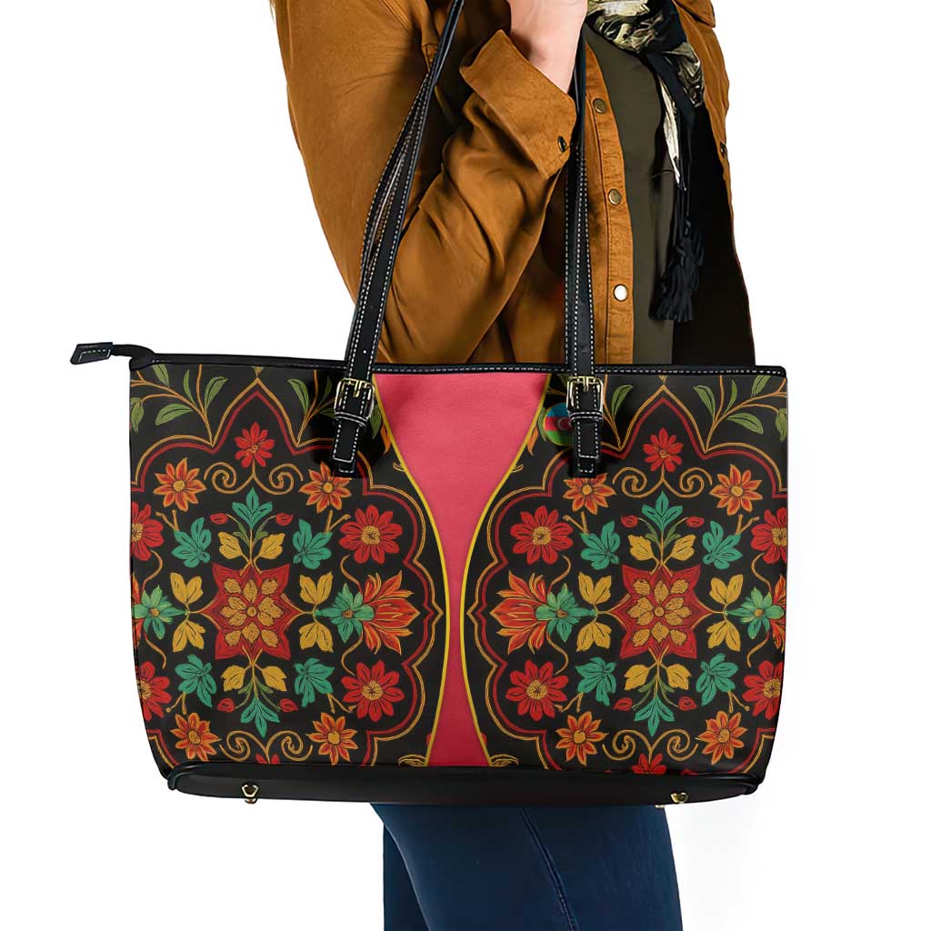 Azerbaijan Folk Floral Leather Tote Bag with Traditional Carpet-Inspired Pattern