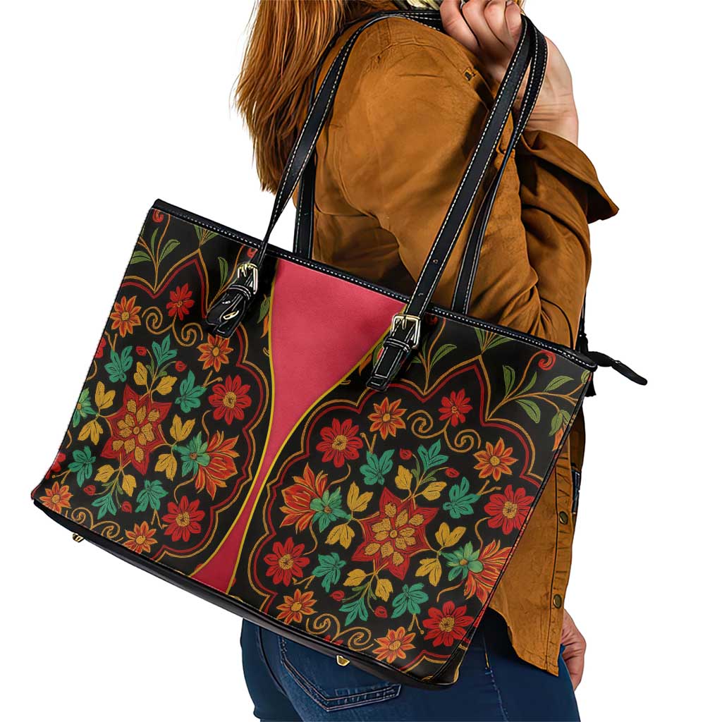 Azerbaijan Folk Floral Leather Tote Bag with Traditional Carpet-Inspired Pattern