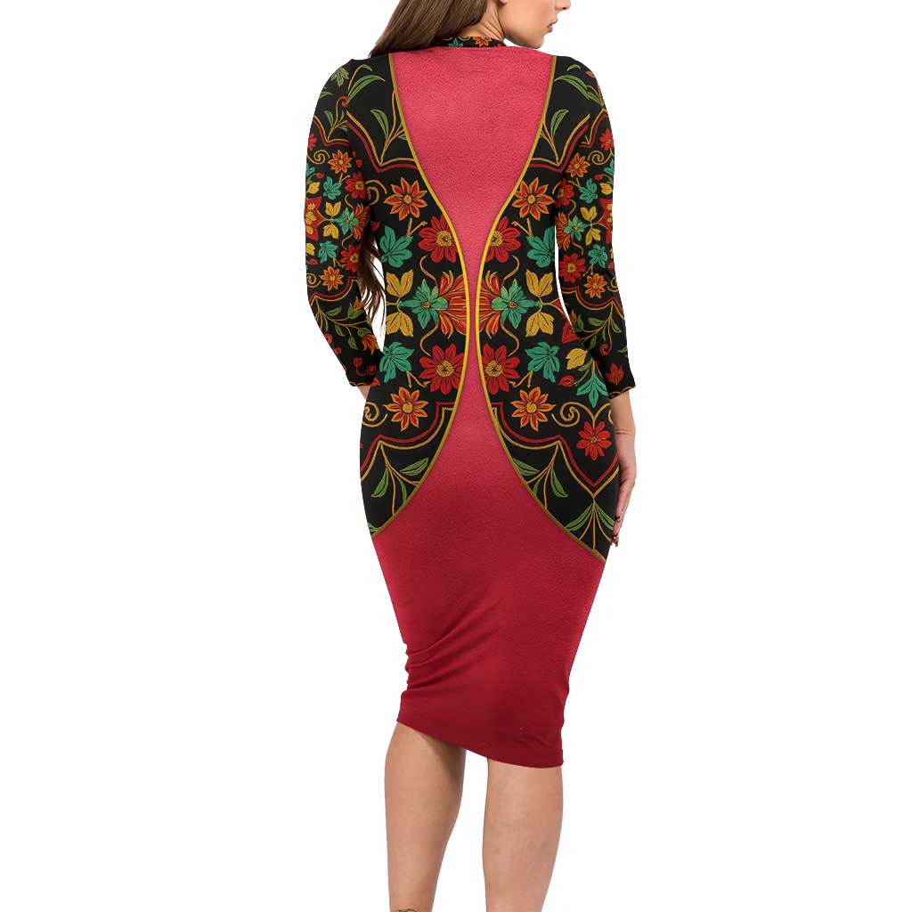 Azerbaijan Folk Floral Long Sleeve Bodycon Dress with Traditional Carpet-Inspired Pattern