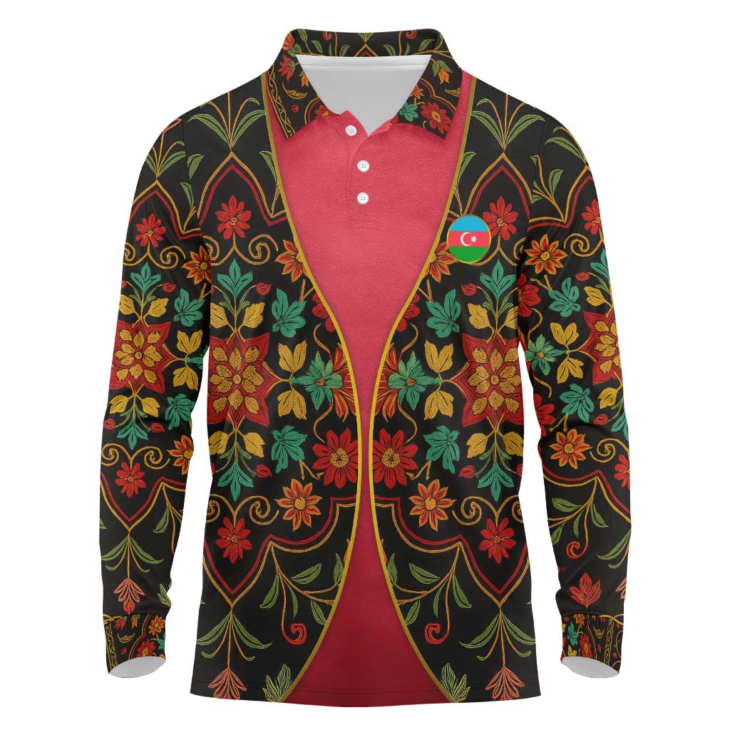 Azerbaijan Folk Floral Long Sleeve Polo Shirt with Traditional Carpet-Inspired Pattern