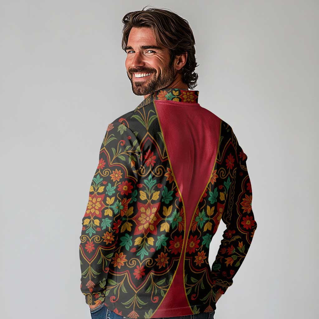 Azerbaijan Folk Floral Long Sleeve Polo Shirt with Traditional Carpet-Inspired Pattern