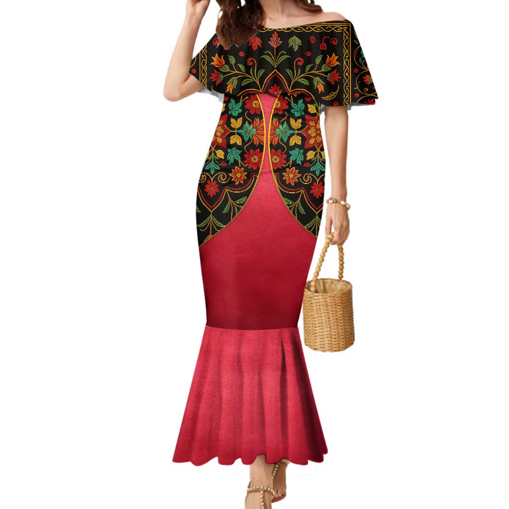 Azerbaijan Folk Floral Mermaid Dress with Traditional Carpet-Inspired Pattern