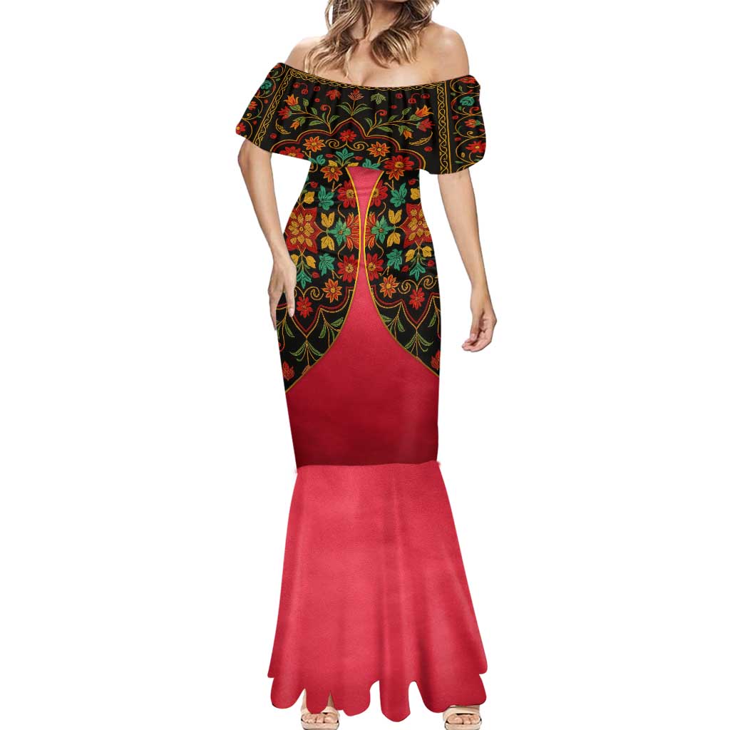 Azerbaijan Folk Floral Mermaid Dress with Traditional Carpet-Inspired Pattern
