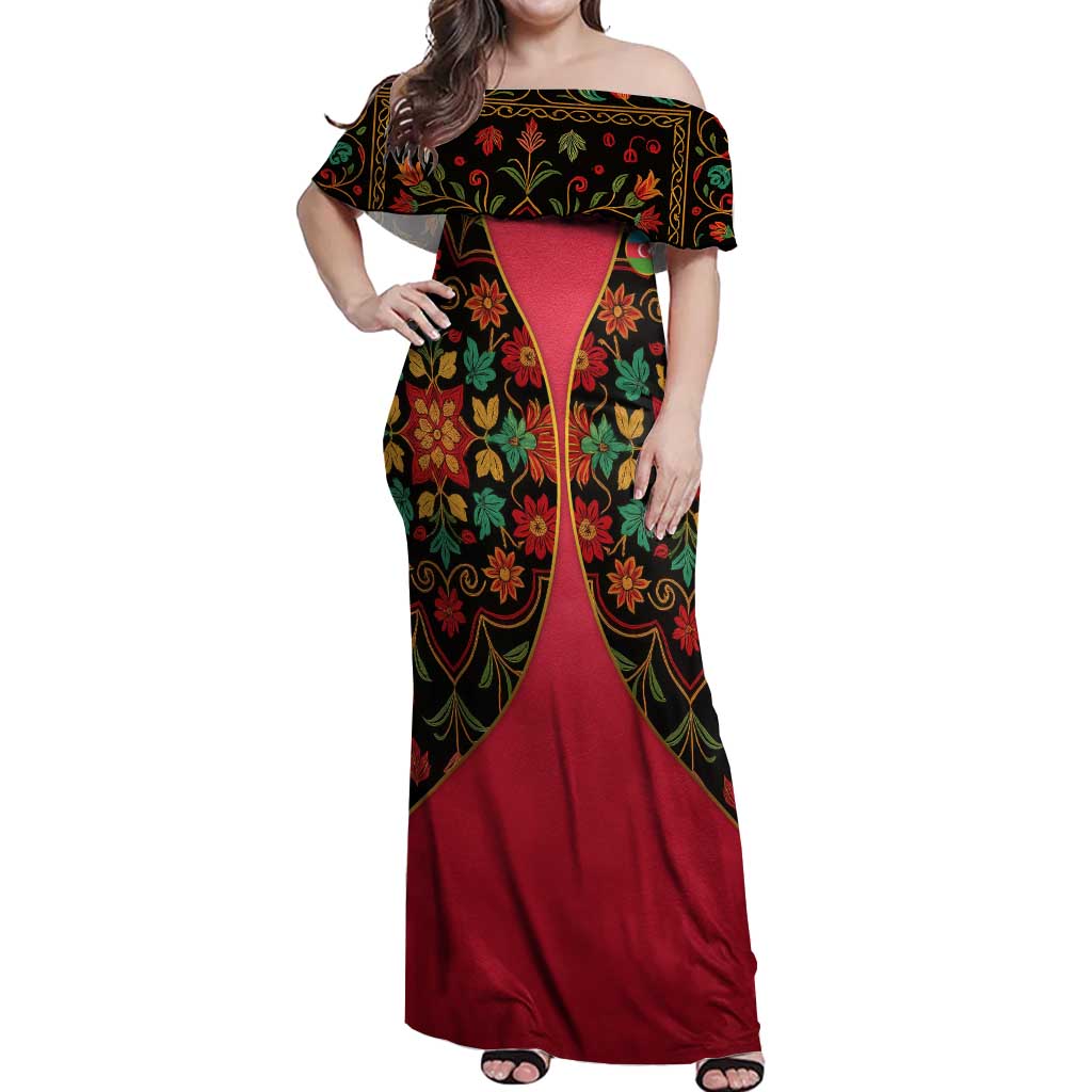 Azerbaijan Folk Floral Off Shoulder Maxi Dress with Traditional Carpet-Inspired Pattern