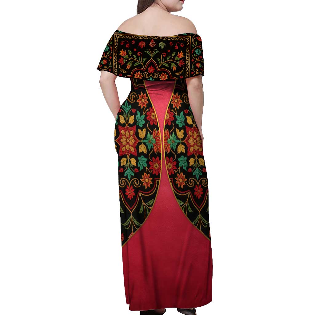 Azerbaijan Folk Floral Off Shoulder Maxi Dress with Traditional Carpet-Inspired Pattern