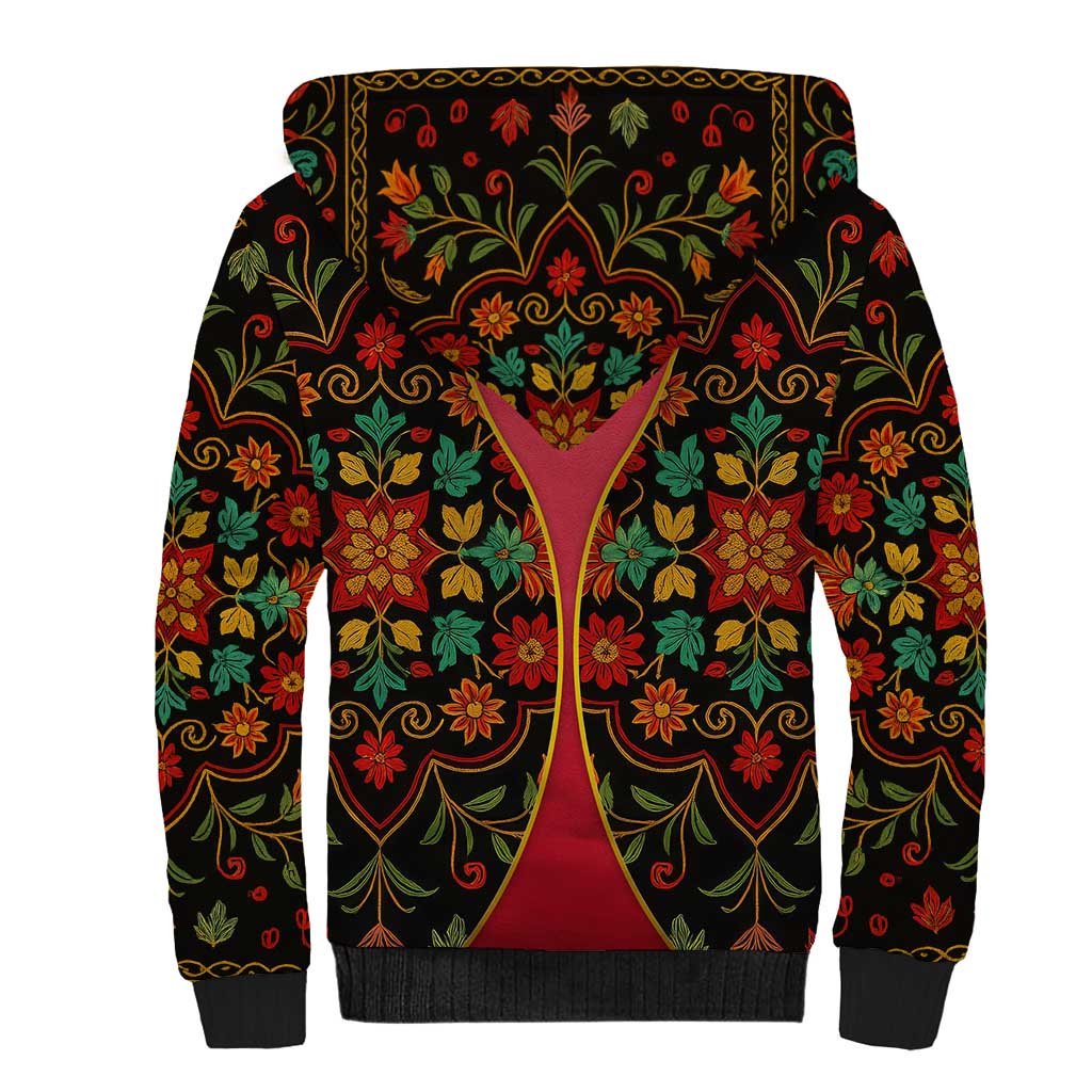 Azerbaijan Folk Floral Sherpa Hoodie with Traditional Carpet-Inspired Pattern