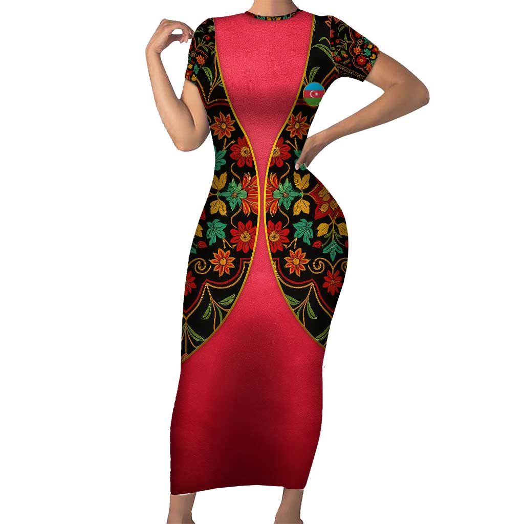 Azerbaijan Folk Floral Short Sleeve Bodycon Dress with Traditional Carpet-Inspired Pattern