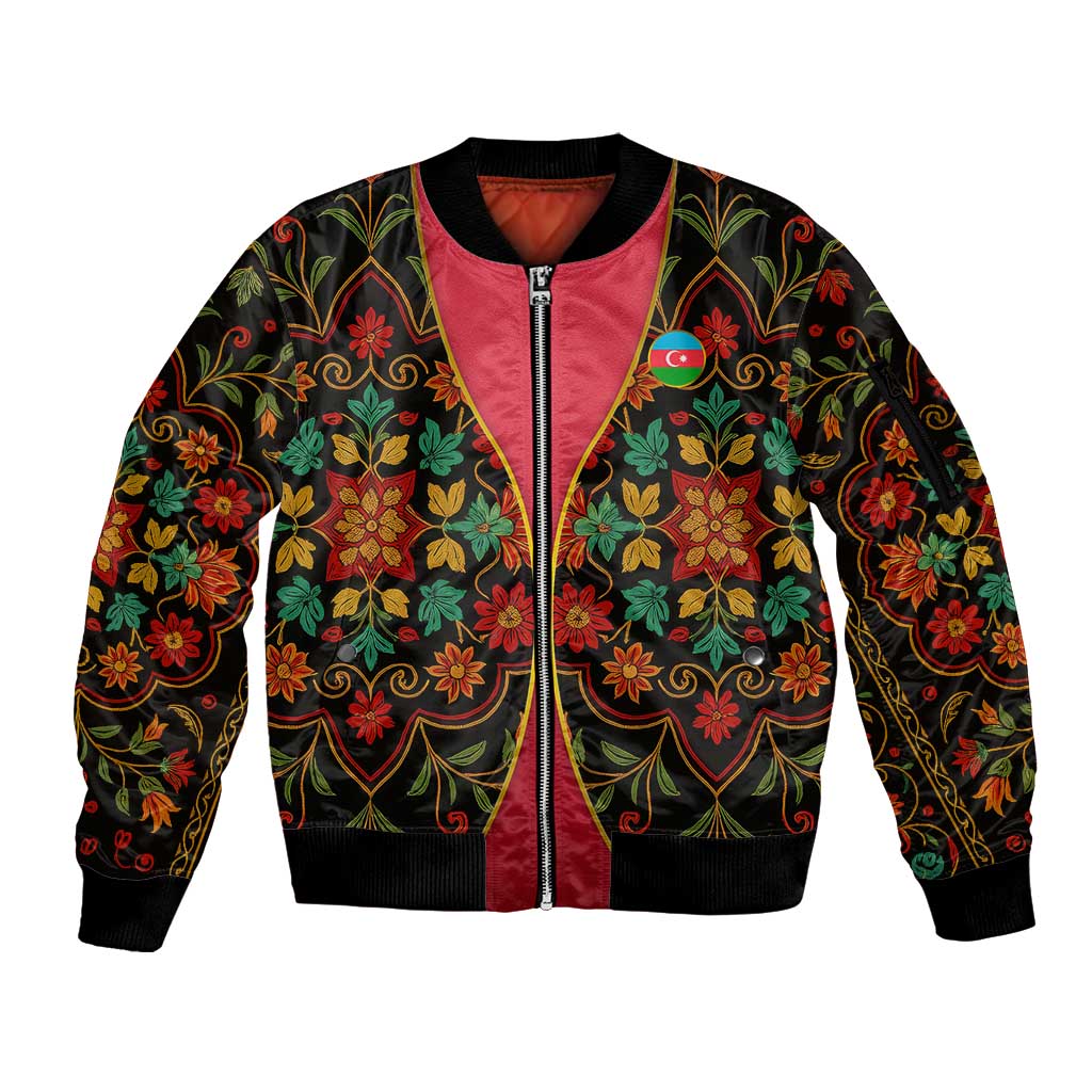 Azerbaijan Folk Floral Sleeve Zip Bomber Jacket with Traditional Carpet-Inspired Pattern