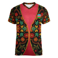 Azerbaijan Folk Floral Women V-Neck T-Shirt with Traditional Carpet-Inspired Pattern