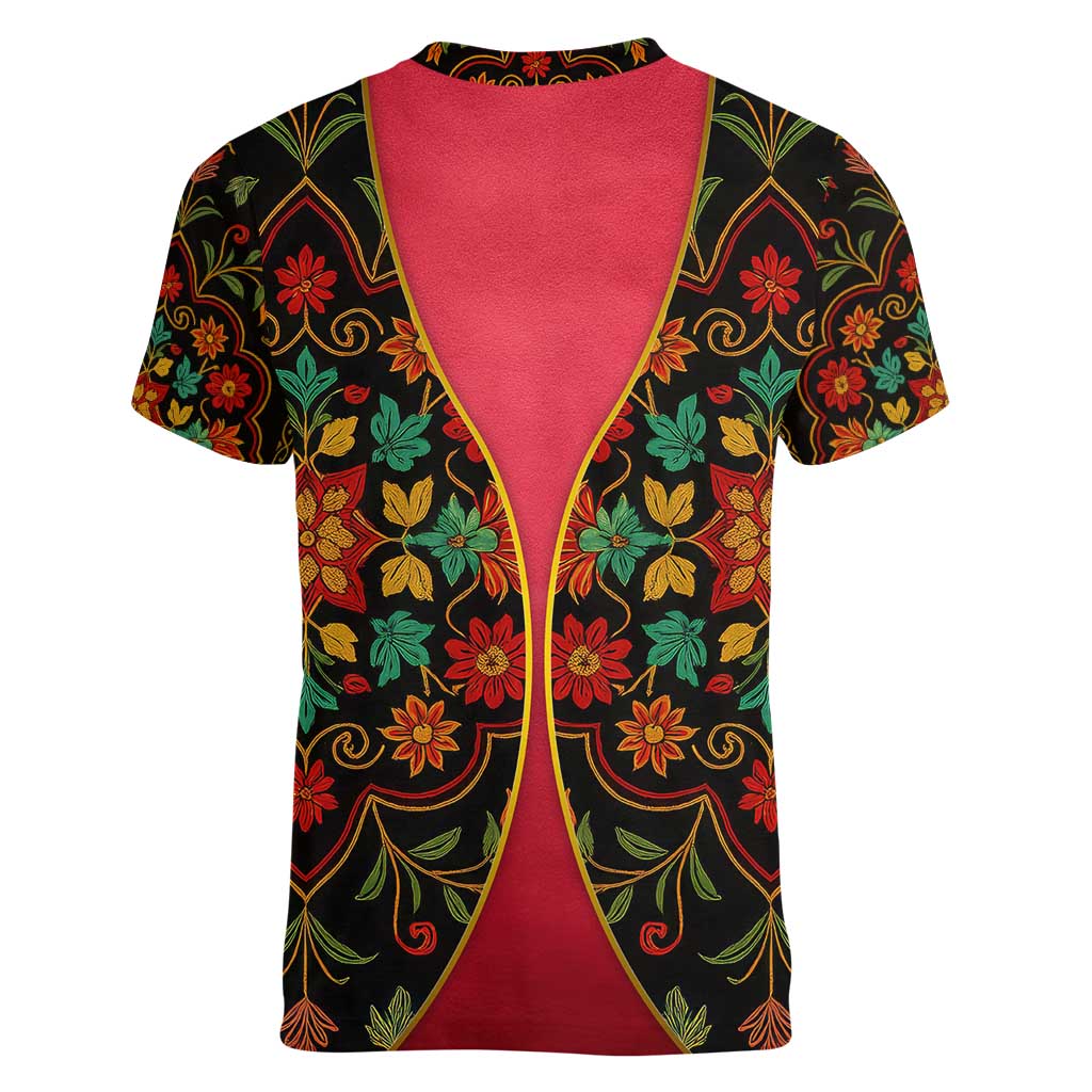 Azerbaijan Folk Floral Women V-Neck T-Shirt with Traditional Carpet-Inspired Pattern