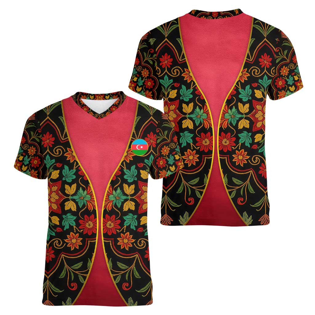 Azerbaijan Folk Floral Women V-Neck T-Shirt with Traditional Carpet-Inspired Pattern