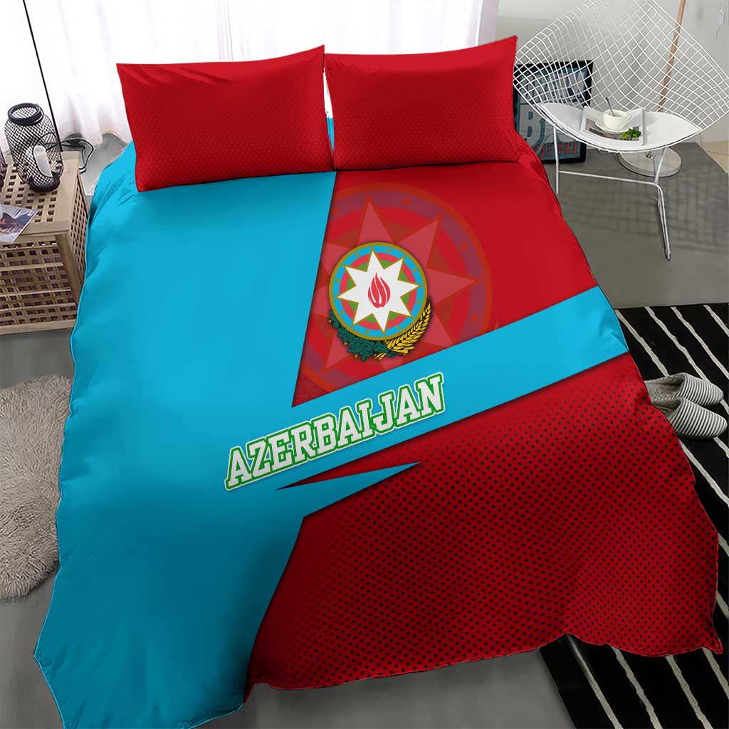 Azerbaijan National Emblem Bedding Set with Modern Flag Color Block Design - Wonder Print Shop