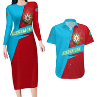 Azerbaijan National Emblem Couples Matching Long Sleeve Bodycon Dress and Hawaiian Shirt with Modern Flag Color Block Design - Wonder Print Shop
