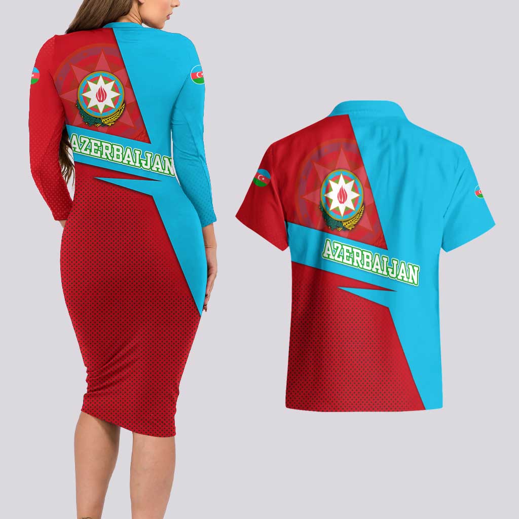 Azerbaijan National Emblem Couples Matching Long Sleeve Bodycon Dress and Hawaiian Shirt with Modern Flag Color Block Design - Wonder Print Shop