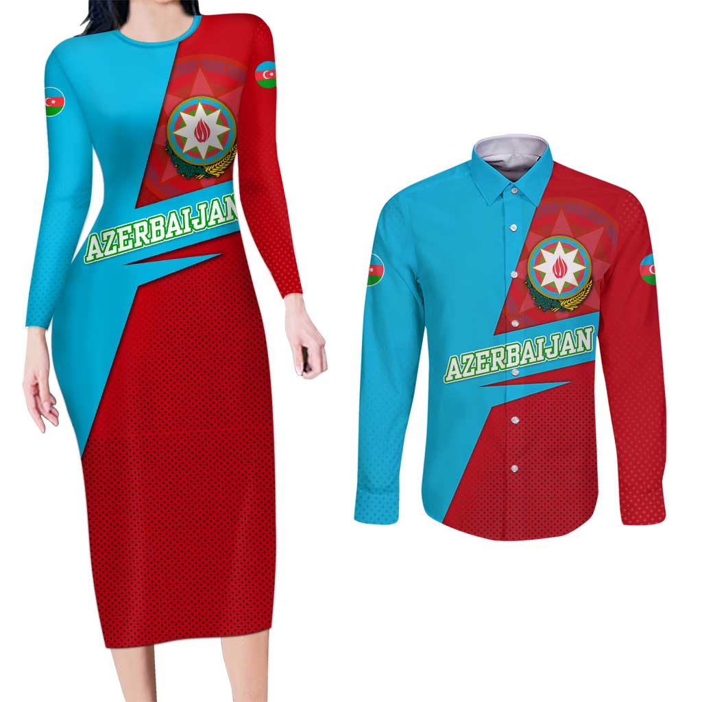 Azerbaijan National Emblem Couples Matching Long Sleeve Bodycon Dress and Long Sleeve Button Shirt with Modern Flag Color Block Design - Wonder Print Shop