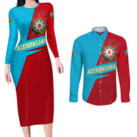 Azerbaijan National Emblem Couples Matching Long Sleeve Bodycon Dress and Long Sleeve Button Shirt with Modern Flag Color Block Design - Wonder Print Shop