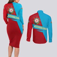 Azerbaijan National Emblem Couples Matching Long Sleeve Bodycon Dress and Long Sleeve Button Shirt with Modern Flag Color Block Design - Wonder Print Shop