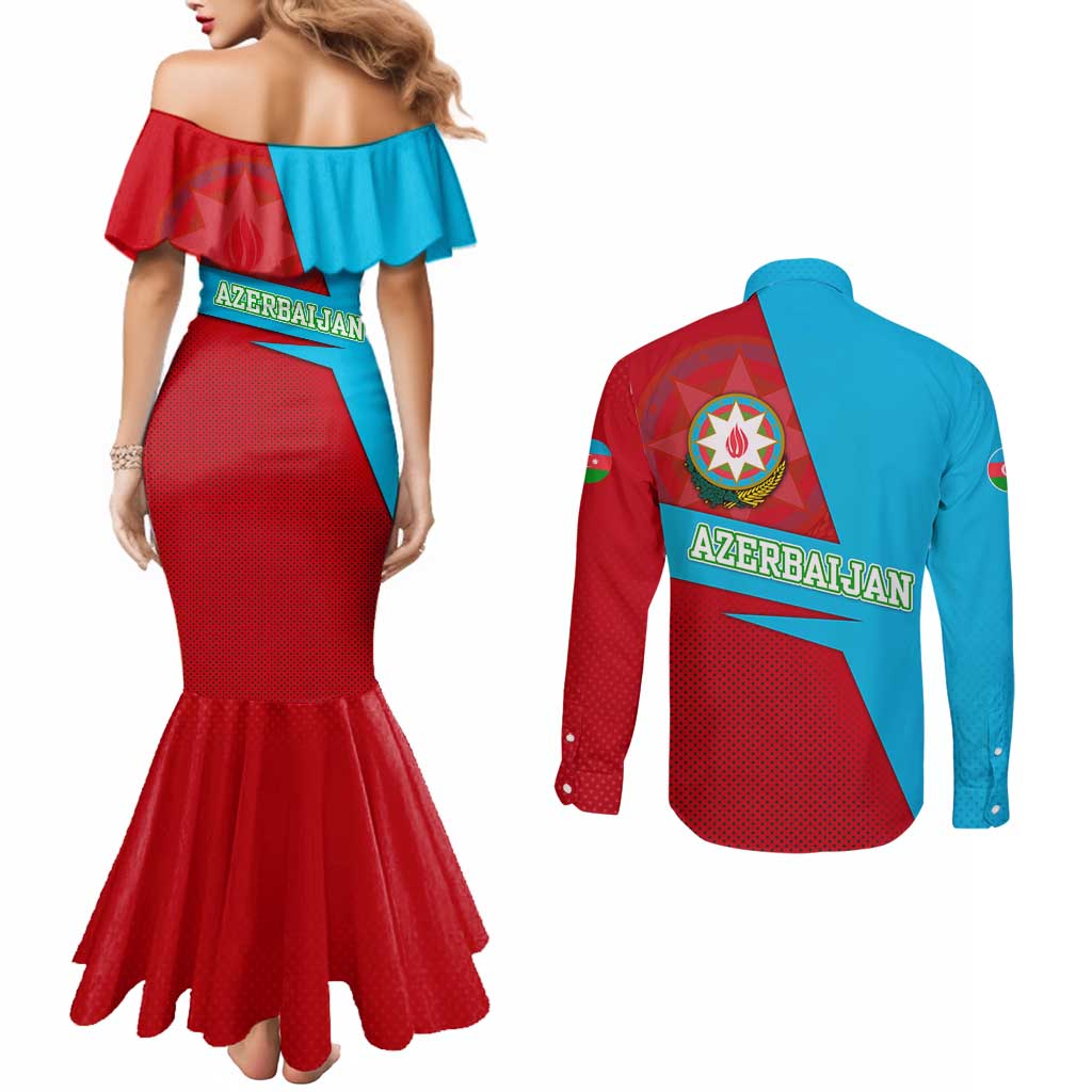 Azerbaijan National Emblem Couples Matching Mermaid Dress and Long Sleeve Button Shirt with Modern Flag Color Block Design - Wonder Print Shop