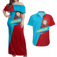 Azerbaijan National Emblem Couples Matching Off Shoulder Maxi Dress and Hawaiian Shirt with Modern Flag Color Block Design - Wonder Print Shop