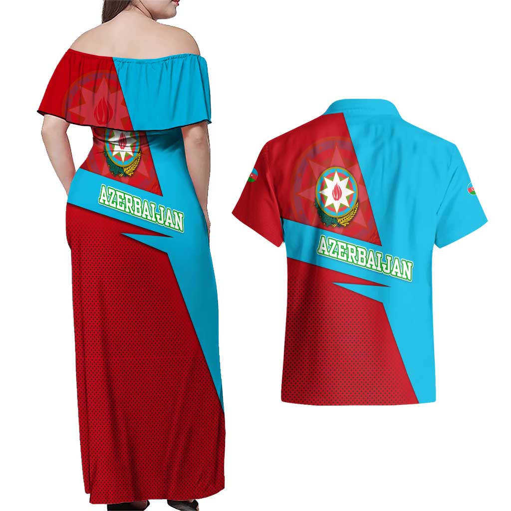 Azerbaijan National Emblem Couples Matching Off Shoulder Maxi Dress and Hawaiian Shirt with Modern Flag Color Block Design - Wonder Print Shop