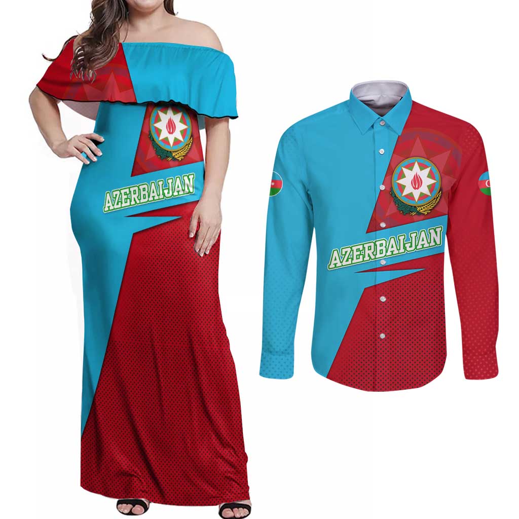 Azerbaijan National Emblem Couples Matching Off Shoulder Maxi Dress and Long Sleeve Button Shirt with Modern Flag Color Block Design - Wonder Print Shop