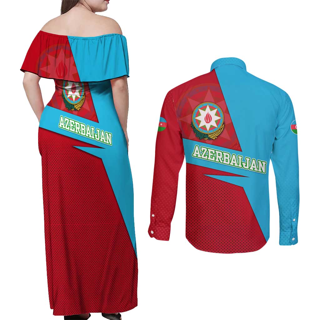 Azerbaijan National Emblem Couples Matching Off Shoulder Maxi Dress and Long Sleeve Button Shirt with Modern Flag Color Block Design - Wonder Print Shop