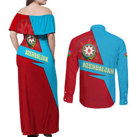 Azerbaijan National Emblem Couples Matching Off Shoulder Maxi Dress and Long Sleeve Button Shirt with Modern Flag Color Block Design - Wonder Print Shop