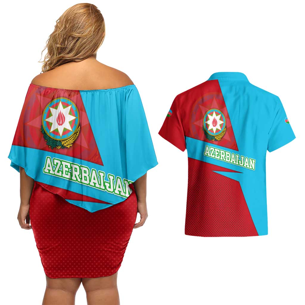 Azerbaijan National Emblem Couples Matching Off Shoulder Short Dress and Hawaiian Shirt with Modern Flag Color Block Design - Wonder Print Shop