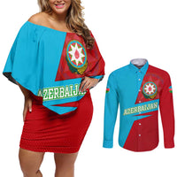 Azerbaijan National Emblem Couples Matching Off Shoulder Short Dress and Long Sleeve Button Shirt with Modern Flag Color Block Design - Wonder Print Shop