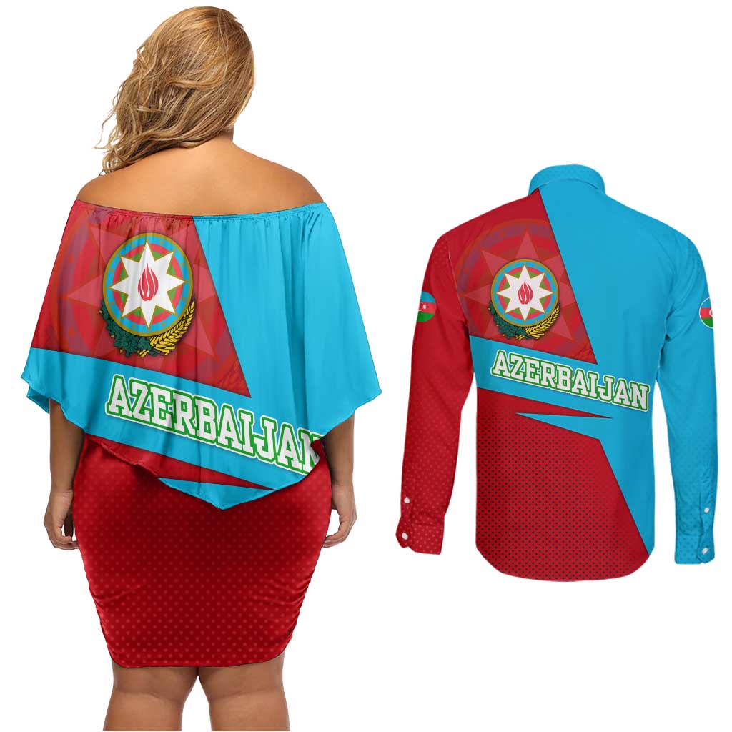 Azerbaijan National Emblem Couples Matching Off Shoulder Short Dress and Long Sleeve Button Shirt with Modern Flag Color Block Design - Wonder Print Shop