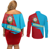 Azerbaijan National Emblem Couples Matching Off Shoulder Short Dress and Long Sleeve Button Shirt with Modern Flag Color Block Design - Wonder Print Shop