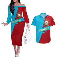 Azerbaijan National Emblem Couples Matching Off The Shoulder Long Sleeve Dress and Hawaiian Shirt with Modern Flag Color Block Design - Wonder Print Shop