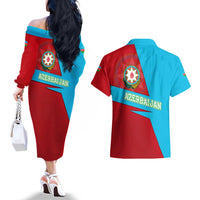 Azerbaijan National Emblem Couples Matching Off The Shoulder Long Sleeve Dress and Hawaiian Shirt with Modern Flag Color Block Design - Wonder Print Shop