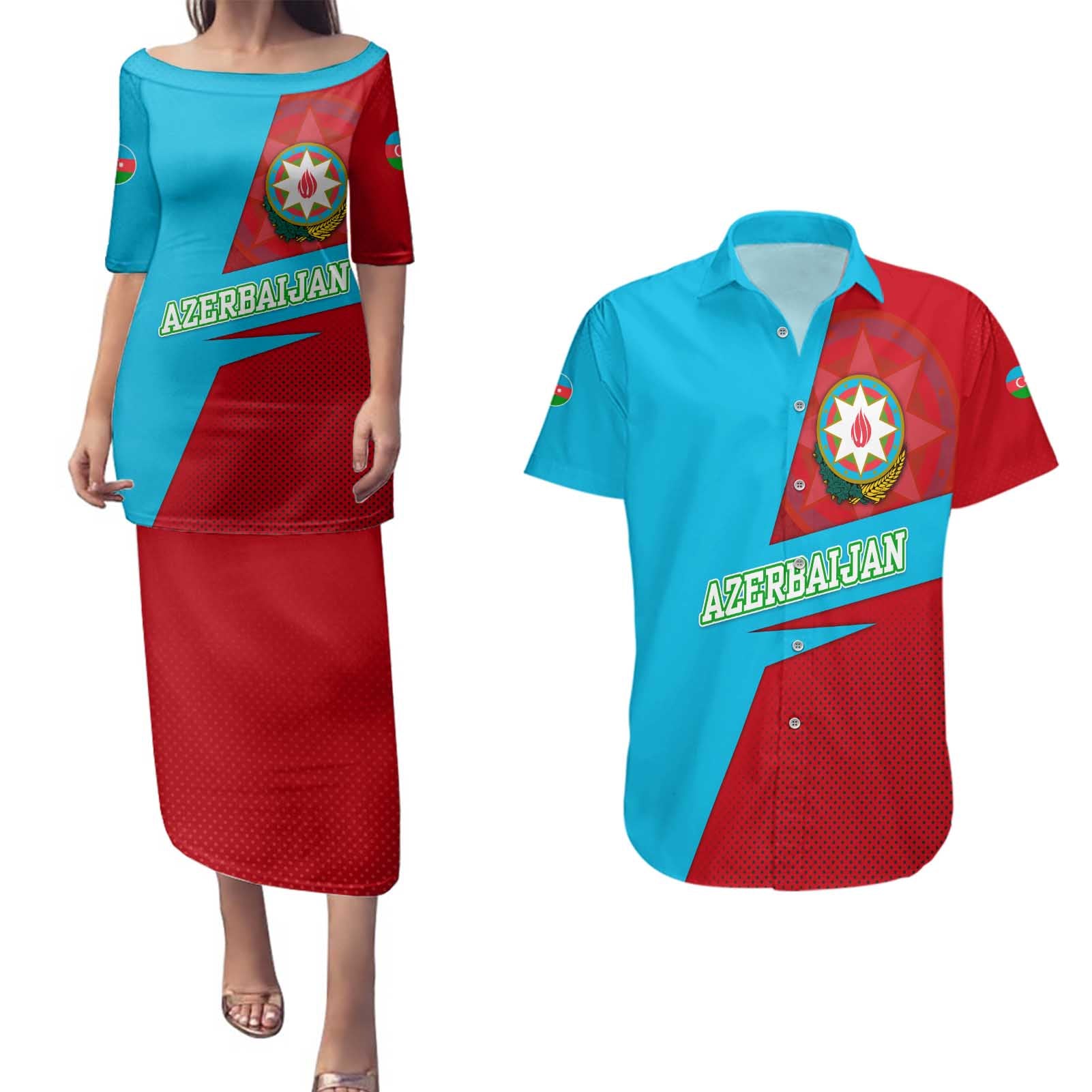 Azerbaijan National Emblem Couples Matching Puletasi and Hawaiian Shirt with Modern Flag Color Block Design - Wonder Print Shop