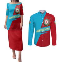 Azerbaijan National Emblem Couples Matching Puletasi and Long Sleeve Button Shirt with Modern Flag Color Block Design - Wonder Print Shop
