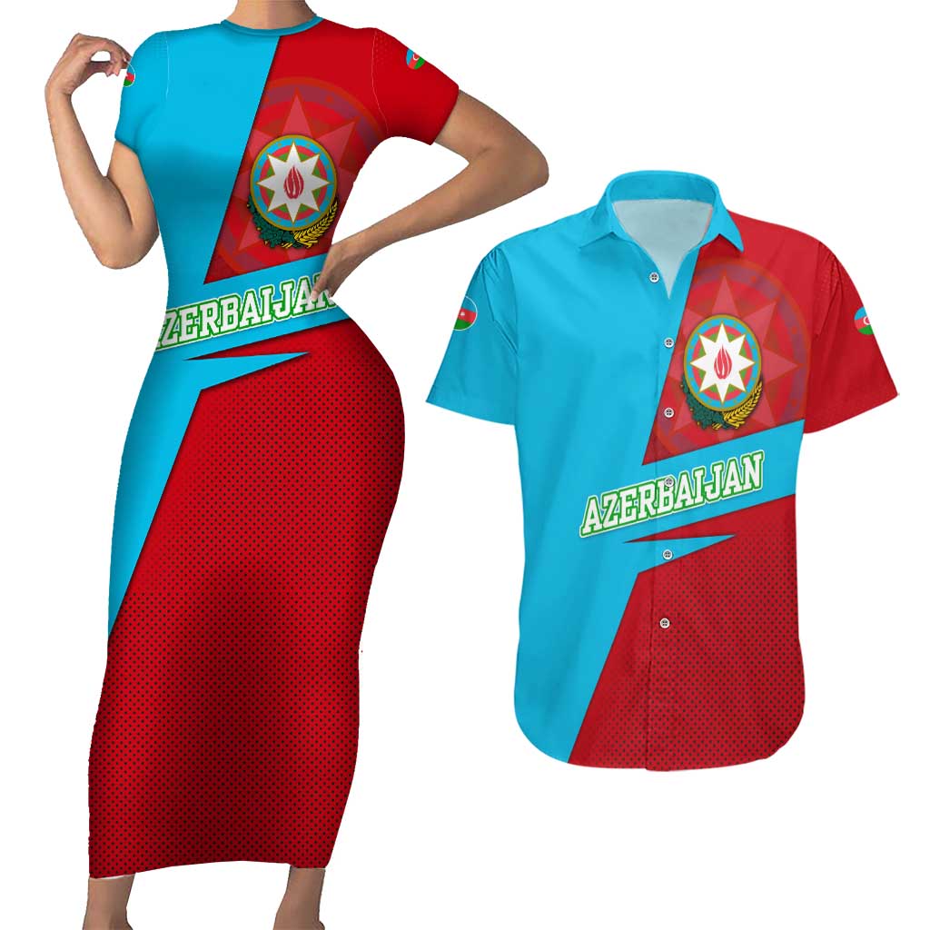 Azerbaijan National Emblem Couples Matching Short Sleeve Bodycon Dress and Hawaiian Shirt with Modern Flag Color Block Design - Wonder Print Shop