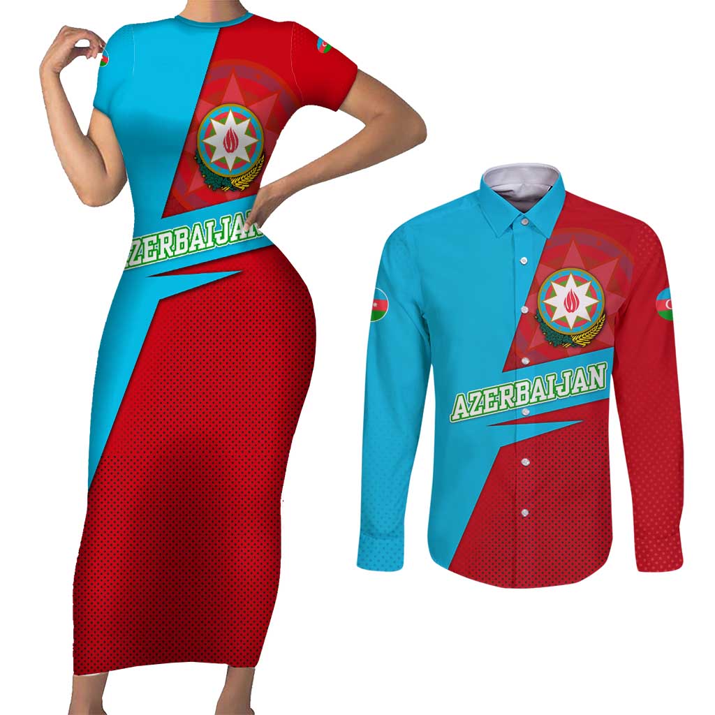 Azerbaijan National Emblem Couples Matching Short Sleeve Bodycon Dress and Long Sleeve Button Shirt with Modern Flag Color Block Design - Wonder Print Shop