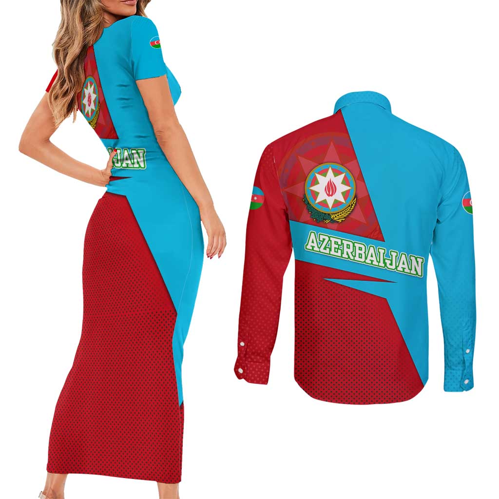 Azerbaijan National Emblem Couples Matching Short Sleeve Bodycon Dress and Long Sleeve Button Shirt with Modern Flag Color Block Design - Wonder Print Shop