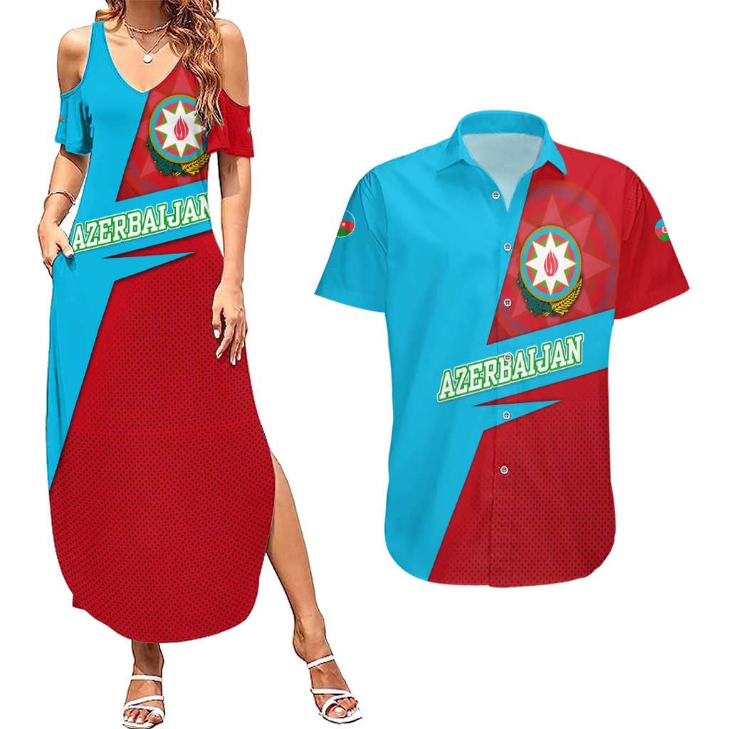 Azerbaijan National Emblem Couples Matching Summer Maxi Dress and Hawaiian Shirt with Modern Flag Color Block Design - Wonder Print Shop