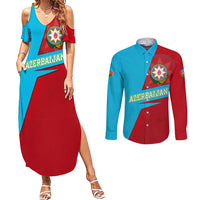 Azerbaijan National Emblem Couples Matching Summer Maxi Dress and Long Sleeve Button Shirt with Modern Flag Color Block Design - Wonder Print Shop
