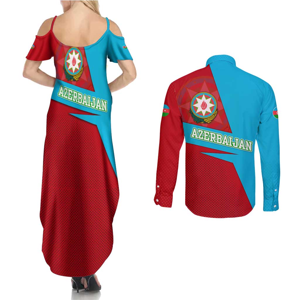 Azerbaijan National Emblem Couples Matching Summer Maxi Dress and Long Sleeve Button Shirt with Modern Flag Color Block Design - Wonder Print Shop