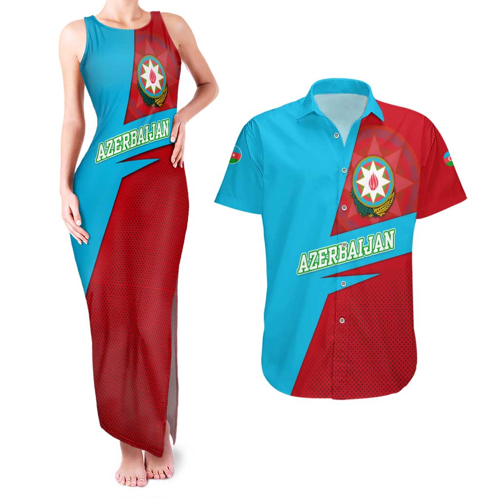 Azerbaijan National Emblem Couples Matching Tank Maxi Dress and Hawaiian Shirt with Modern Flag Color Block Design - Wonder Print Shop