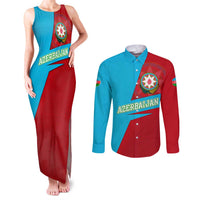 Azerbaijan National Emblem Couples Matching Tank Maxi Dress and Long Sleeve Button Shirt with Modern Flag Color Block Design - Wonder Print Shop