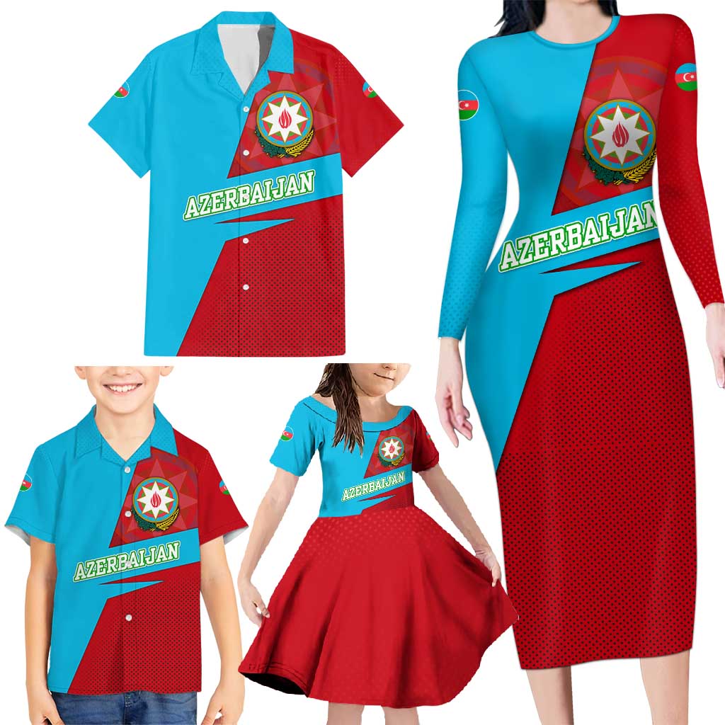 Azerbaijan National Emblem Family Matching Long Sleeve Bodycon Dress and Hawaiian Shirt with Modern Flag Color Block Design - Wonder Print Shop